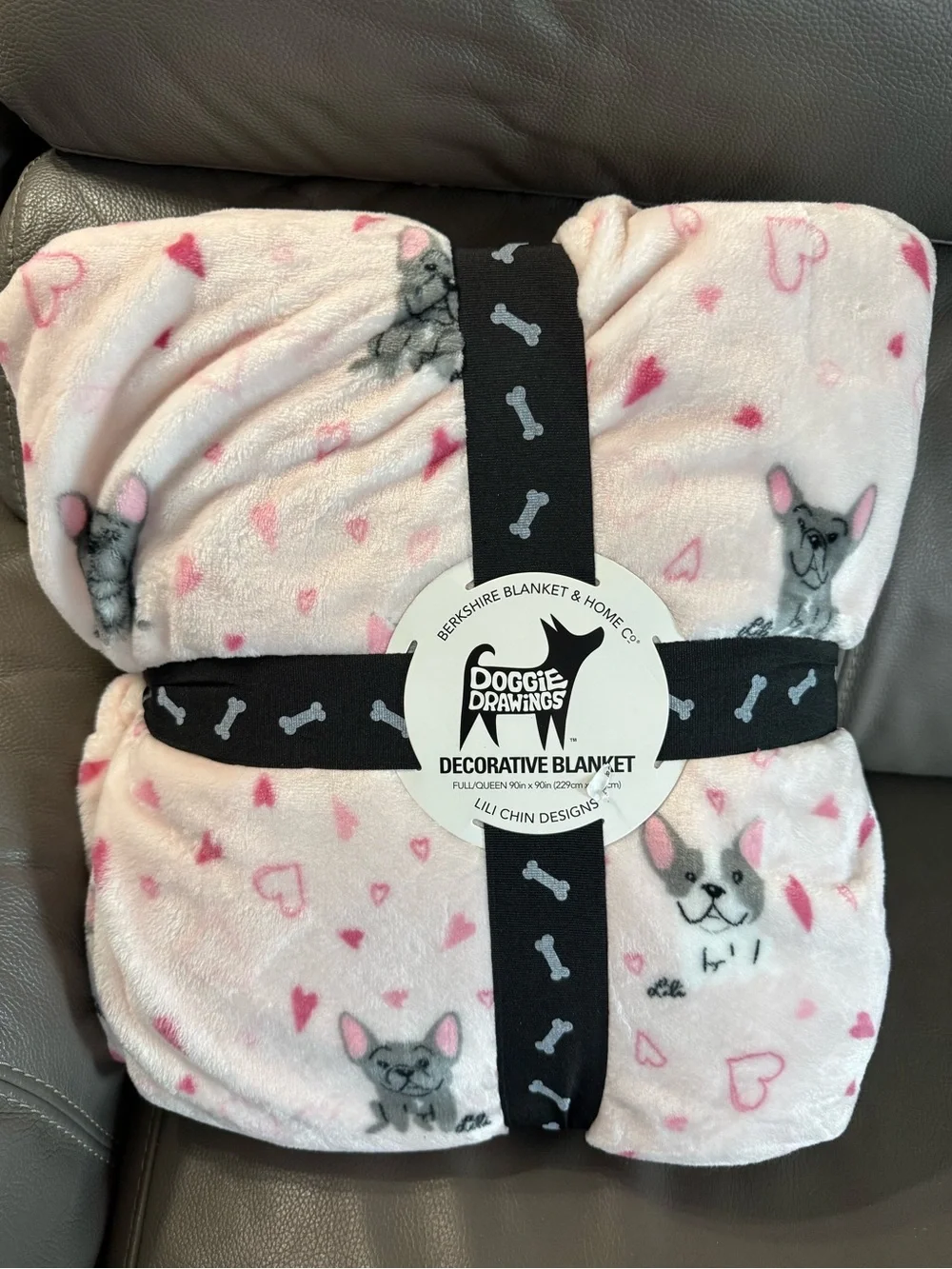 Doggie Drawings Pink Heart & French Bulldog Decorative Blanket. 90x90